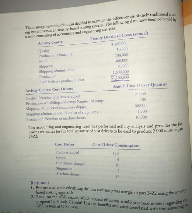 The management of OSullivan decided to examine the effectiveness of their traditional ing system versus an activity-based co