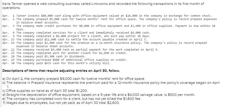 Karla Tanner opened a web consulting business called Linkworks and recorded the following transactions in its first month of