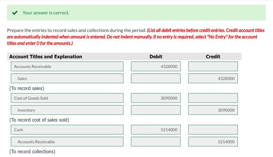 Your answer is correct. Prepare the entries to record sales and collections during the period. (List all debit entries before