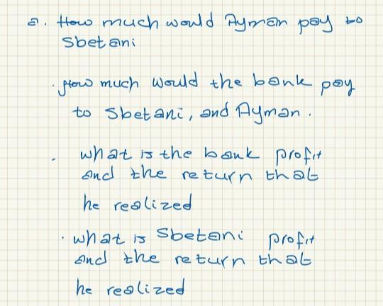 a. How much would Ayman pay to Sbet an pay 1. How much would the bank to shetani, and Ayman. what is the bank profit and the