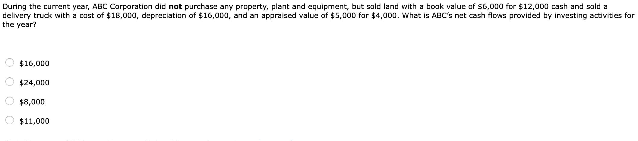 During the current year, ABC Corporation did not purchase any property, plant and equipment, but sold land with a book value