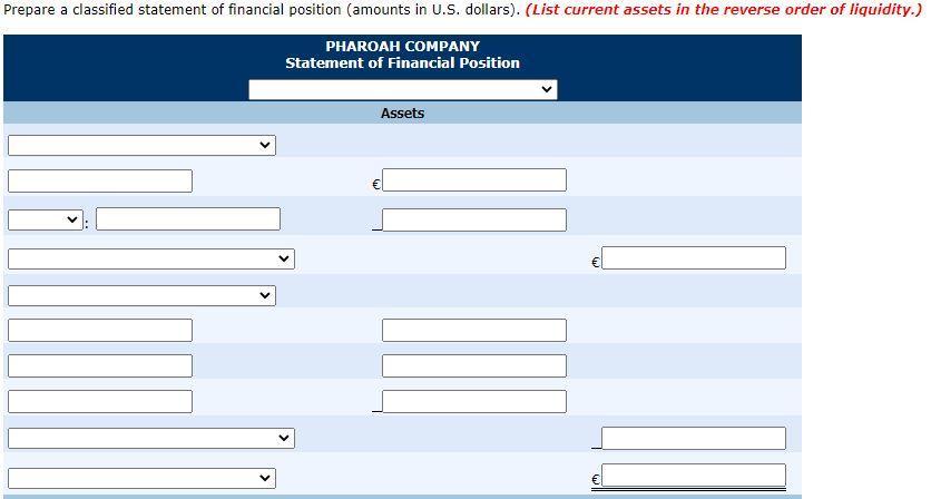 Prepare a classified statement of financial position (amounts in U.S. dollars). (List current assets in the reverse order of