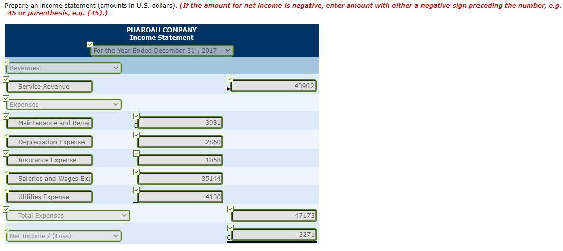 Prepare an income statement (amounts in U.S. dollars). (If the amount for net income is negative, enter amount with either a