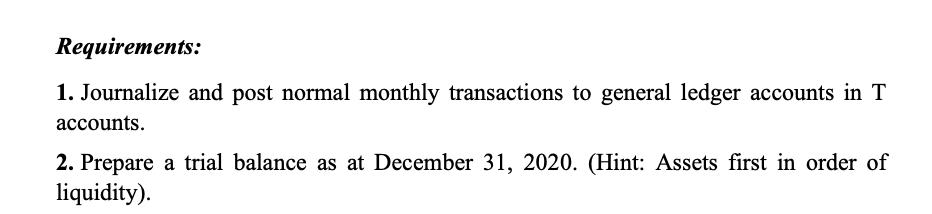 Requirements: 1. Journalize and post normal monthly transactions to general ledger accounts in T accounts. 2. Prepare a trial