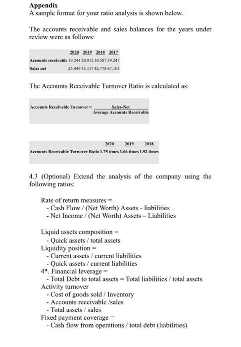 Appendix A sample format for your ratio analysis is shown below. The accounts receivable and sales balances for the years und
