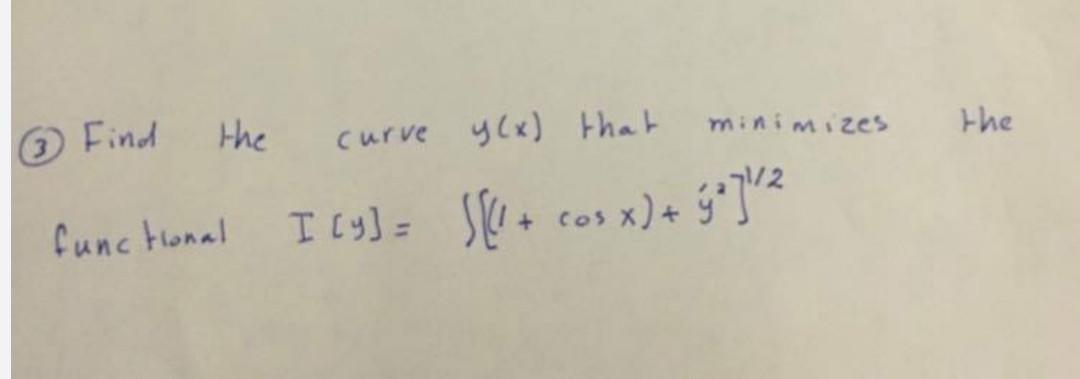 the ? Find the curve y(x) that minimizes functional I ly]: Sle+ cos x) + g *]? 