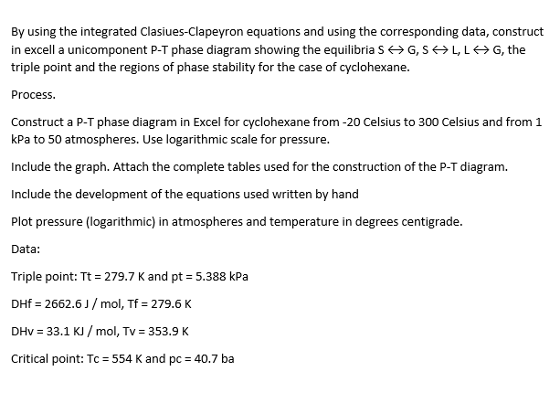 By using the integrated Clasiues-Clapeyron equations and using the corresponding data, construct in excell a unicomponent P-T