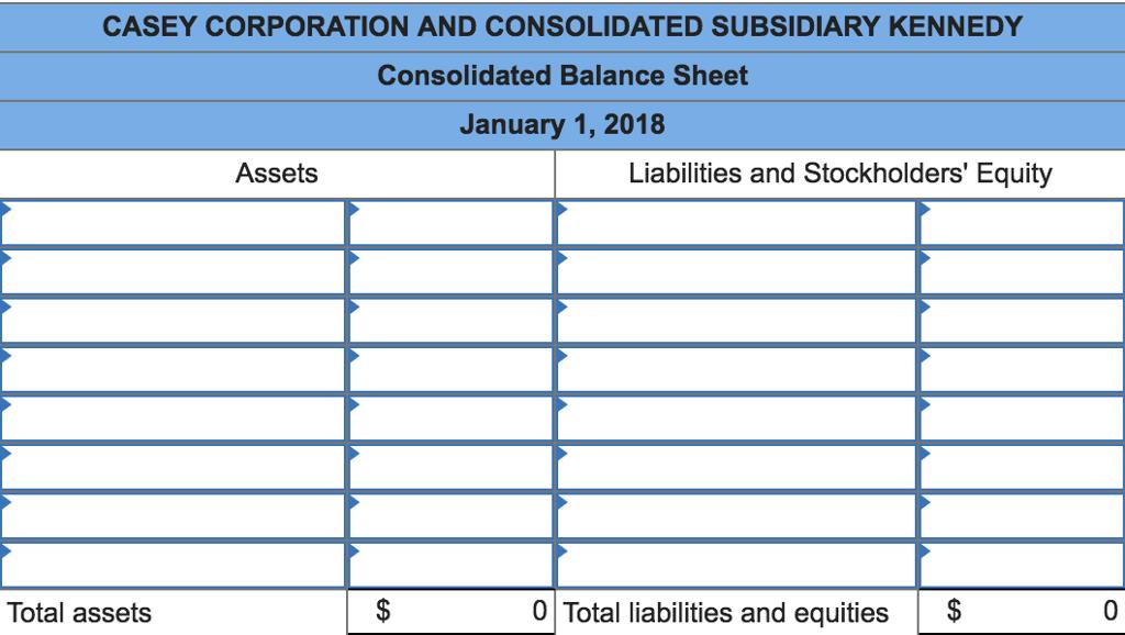 CASEY CORPORATION AND CONSOLIDATED SUBSIDIARY KENNEDY Consolidated Balance Sheet January 1, 2018 Assets Liabilities and Stockholders Equity Total assets 0 Total liabilities and equities$ 0