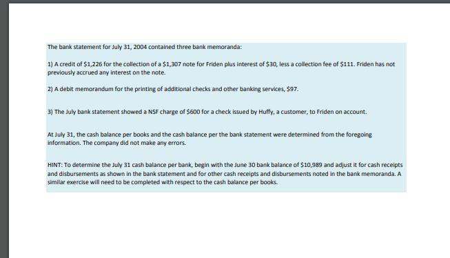 The bank statement for July 31, 2004 contained three bank memoranda: 1) A credit of $1,226 for the collection of a $1,307 not