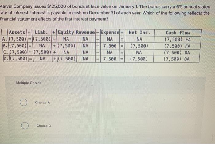 Marvin Company issues $125,000 of bonds at face value on January 1. The bonds carry a 6% annual stated rate of interest. Inte
