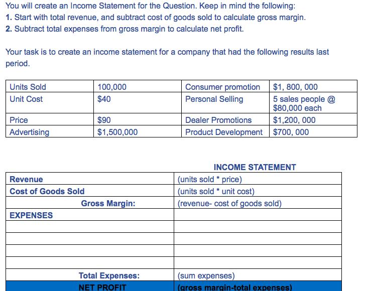 You will create an Income Statement for the Question. Keep in mind the following 1. Start with total revenue, and subtract cost of goods sold to calculate gross margin 2. Subtract total expenses from gross margin to calculate net profit. Your task is to create an income statement for a company that had the following results last period Units Sold Unit Cost 100,000 $40 Consumer promotion $1, 800, 000 Personal Selling 5 sales people @ $80,000 each $1,200, 000 Price Advertisin $90 $1,500,000 Dealer Promotions Product Development $700, 000 INCOME STATEMENT units sold*price units soldunit cost revenue- cost of goods sold Revenue Cost of Goods Sold Gross Margin: EXPENSES (sum expenses) gross margin-total expenses Total Expenses: NET PROFIT