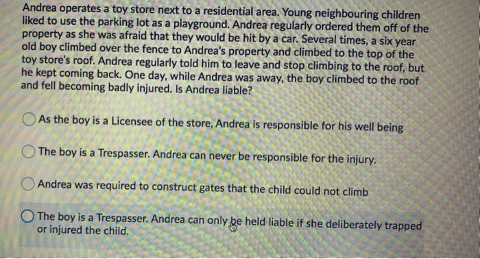 Andrea operates a toy store next to a residential area. Young neighbouring children liked to use the parking lot as a playgro