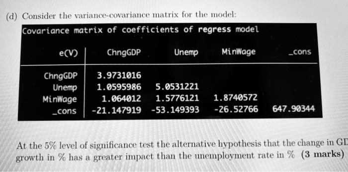(d) Consider the variance-covariance matrix for the model: Covariance matrix of coefficients of regress model e(V) ChngGDP Un