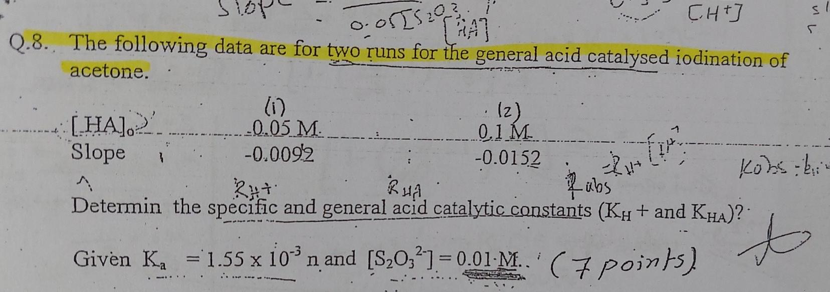 of[5203 VIL slop CH+ PA Q.8. The following data are for two runs for the general acid catalysed iodination of acetone. (1) ? 