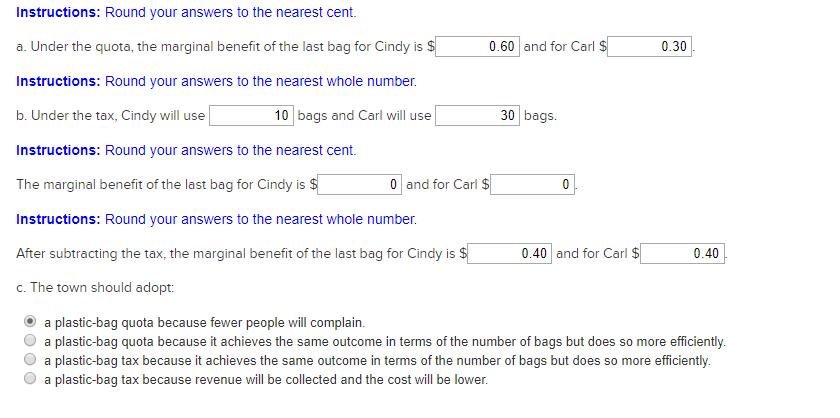 Instructions: Round your answers to the nearest cent. a. Under the quota, the marginal benefit of the last bag for Cindy is $