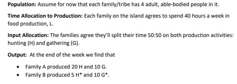Population: Assume for now that each family/tribe has 4 adult, able-bodied people in it. Time Allocation to Production: Each