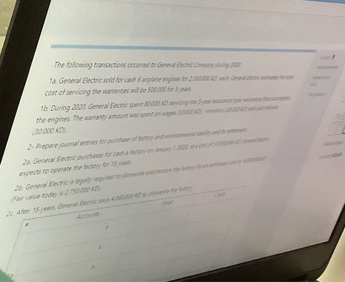 The following transactions occurred to General Electric Company dung 2012 1a. General Electric sold for cash 6 airplane engin