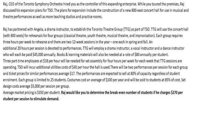 Raj, CEO of the Toronto Symphony Orchestra hired you as the controller