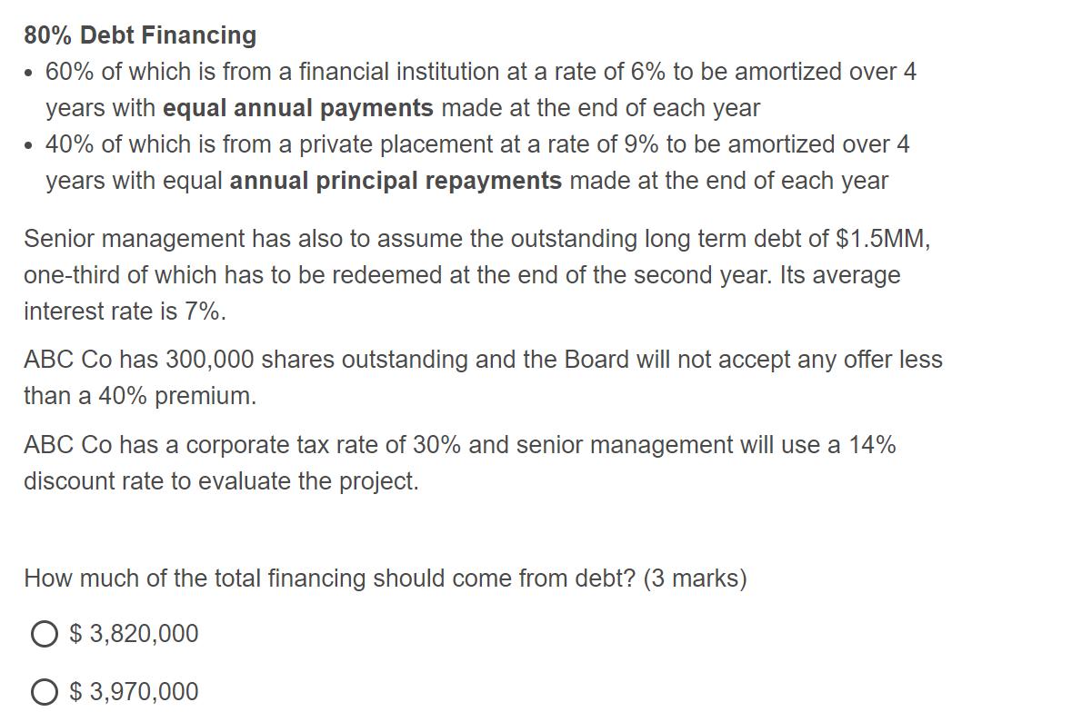 80% Debt Financing 60% of which is from a financial institution at a rate of 6% to be amortized over 4 years with equal annua