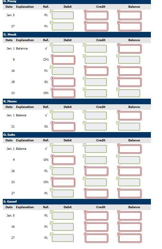 D. Posey Date Explanation Ref. Debit Credit Balance Jan. 5 P1 27 P1 S. Meek Date Explanation Ref. Debit Credit Balance Jan. 1