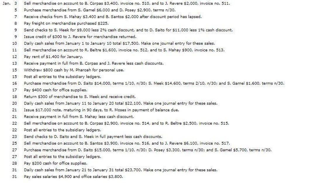 Jan. 3 Sell merchandise on account to B. Corpas $3,400, invoice no. 510, and to J. Revere $2,000, invoice no.