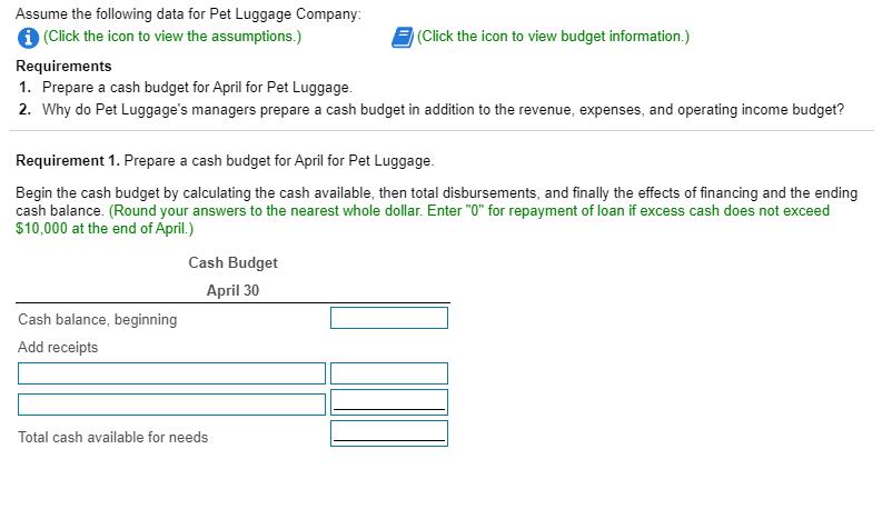 Assume the following data for Pet Luggage Company: (Click the icon to view the assumptions.) (Click the icon to view budget i