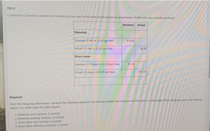 Part 2 Constitution Companys standard and actual costs per unit for the most recent period are given below. 15,000 units wer