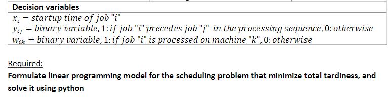 Decision variables Xi = startup time of job i Yij = binary variable, 1: if jobi precedes job) in the processing sequenc