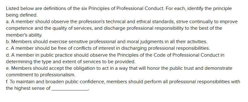Listed below are definitions of the six Principles of Professional Conduct. For each, identify the principle being defined. a