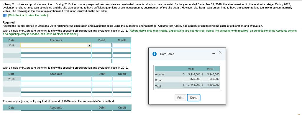 Kilamy Co. mines and produces aluminum. During 2018, the company explored two new sites and evaluated them for aluminum ore p