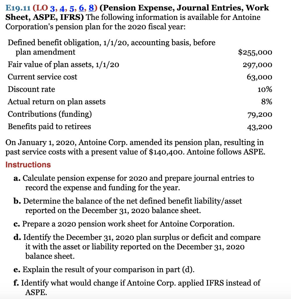 E19.11 (LO 3, 4, 5, 6, 8) (Pension Expense, Journal Entries, Work Sheet, ASPE, IFRS) The following information is available f