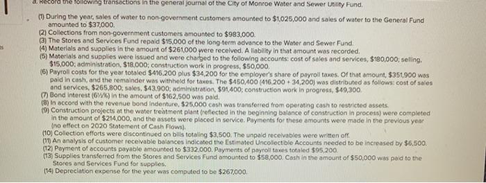 a. Record the following transactions in the general Journal of the City of Monroe Water and Sewer Utility Fund. (1) During th