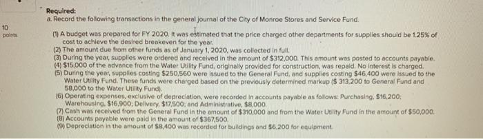 10 points Required: a. Record the following transactions in the general Journal of the City of Monroe Stores and Service Fund
