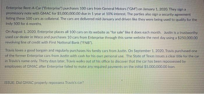 Enterprise Rent-A-Car (Enterprise) purchases 100 cars from General Motors (GM) on January 1, 2020. They sign a promissory