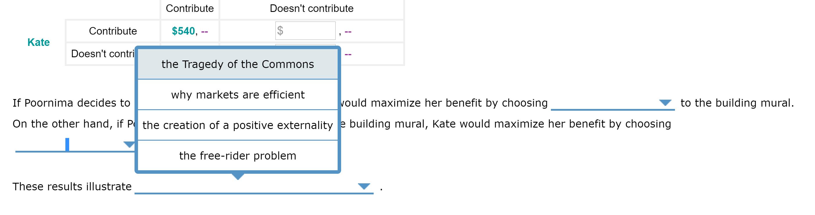 Contribute Doesnt contribute Contribute $540, -- Kate Doesnt contri the Tragedy of the Commons If Poornima decides to to th