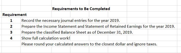 1 Requirements to Be Completed Requirement 1 Record the necessary journal entries for the year 2019. 2 Prepare the Income Sta
