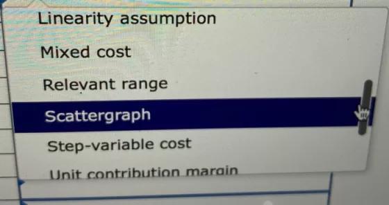 Linearity assumption Mixed cost Relevant range Scattergraph Step-variable cost Unit contribution marain