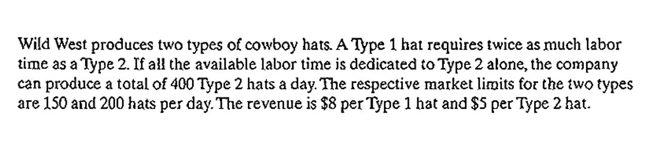 Wild West produces two types of cowboy hats. A Type 1 hat requires twice as much labor time as a Type 2. If all the available