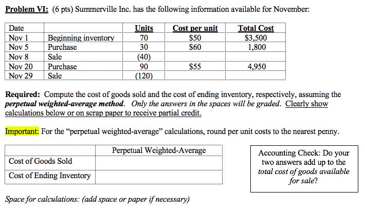 Problem VI: (6 pts) Summerville Inc. has the following information available for November: Cost per unit $50 $60 Total Cost $