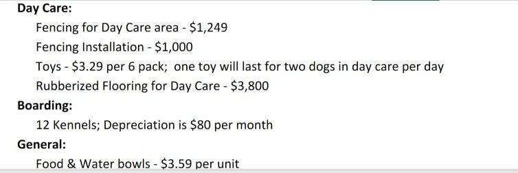 Day Care: Fencing for Day Care area - $1,249 Fencing Installation - $1,000 Toys - $3.29 per 6 pack; one toy will last for two
