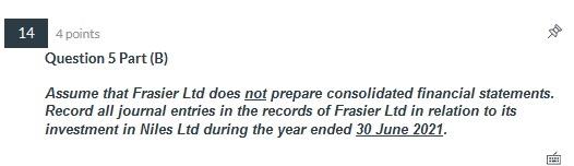 14 4 points Question 5 Part (B) Assume that Frasier Ltd does not prepare consolidated financial statements. Record all journa