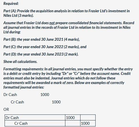 Required: Part (A): Provide the acquisition analysis in relation to Frasier Ltds investment in Niles Ltd (3 marks). Assume t
