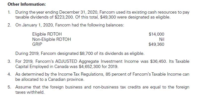 Other Information: 1. During the year ending December 31, 2020, Fancom used its existing cash resources to pay taxable divide