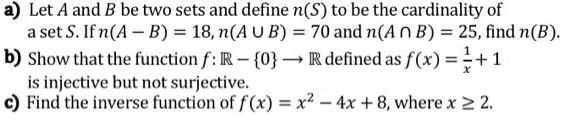 a) Let A and B be two sets and define n(S) to