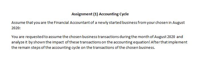 Assignment (1) Accounting Cycle Assume that you are the Financial Accountant of a newly started business from your chosen in
