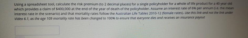 Using a spreadsheet tool, calculate the risk premium (to 2 decimal places) for a single policyholder for a whole of life prod