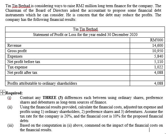 Tin Tin Berhad is considering ways to raise RM2 million long term finance for the company. The Chairman of the Board of Direc