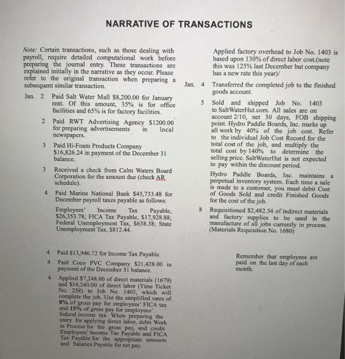 NARRATIVE OF TRANSACTIONS Note: Certain transactions, such as those dealing with payroll, require detailed computational work