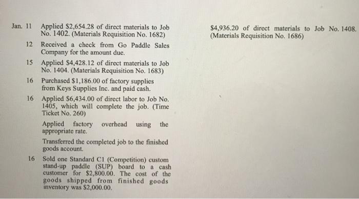 $4,936.20 of direct materials to Job No. 1408. (Materials Requisition No. 1686) Jan. 11 Applied $2,654.28 of direct materials