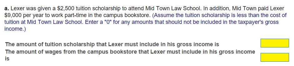 a. Lexer was given a $2,500 tuition scholarship to attend Mid Town Law School. In addition, Mid Town paid Lexer $9,000 per ye